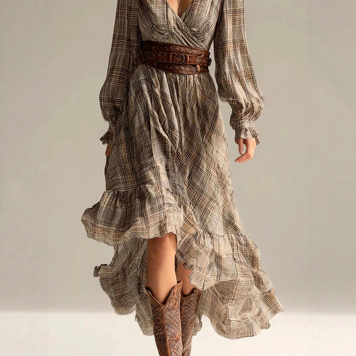 Erica - Women's Plaid Puff Sleeve Wrap Maxi Dress 3