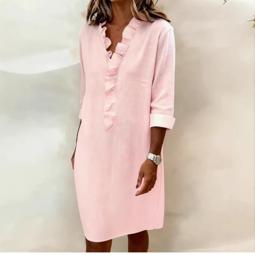 Erica - Women's Three-Quarter Sleeve Ruffle Trim Dress 1