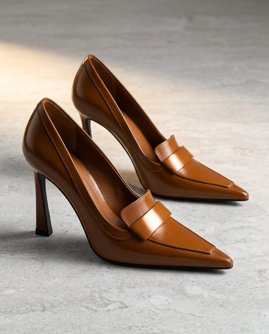 Erika - Women's Pointed-Toe Loafer Heels with Buckle Detail