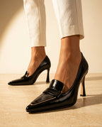 Erika - Women's Pointed-Toe Loafer Heels with Buckle Detail
