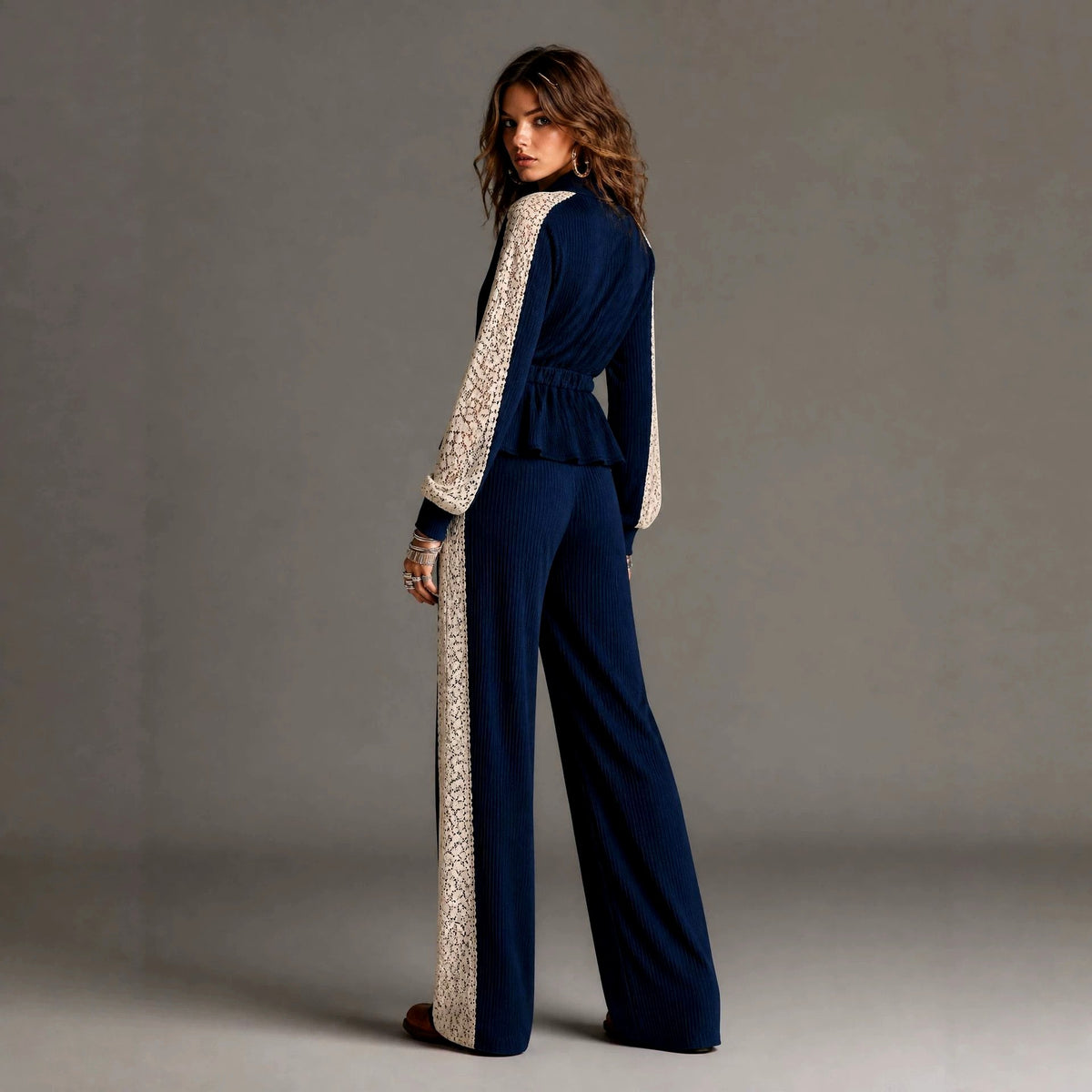 Eulalia - Women's Ribbed Zip Front Two-Piece Pants Set 2