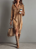 Evangeline - Women's Corduroy Shirt Dress with Chest Pockets