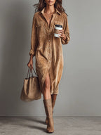 Evangeline - Women's Corduroy Shirt Dress with Chest Pockets