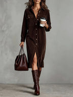 Evangeline - Women's Corduroy Shirt Dress with Chest Pockets