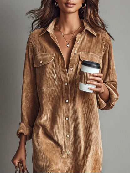 Evangeline - Women's Corduroy Shirt Dress with Chest Pockets