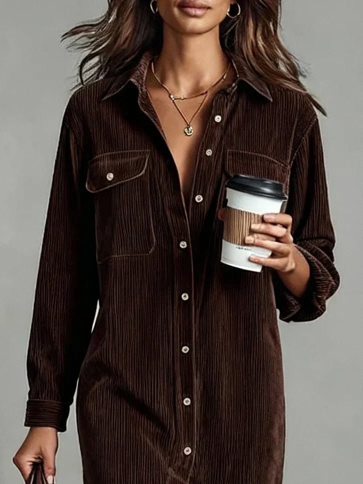 Evangeline - Women's Corduroy Shirt Dress with Chest Pockets