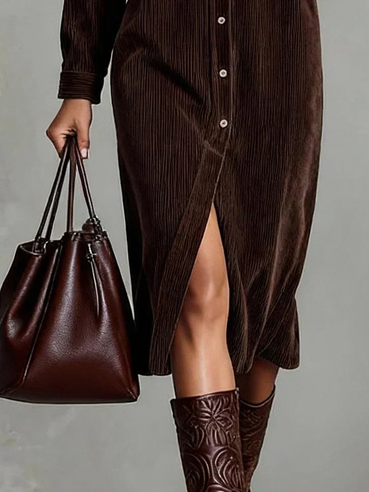 Evangeline - Women's Corduroy Shirt Dress with Chest Pockets
