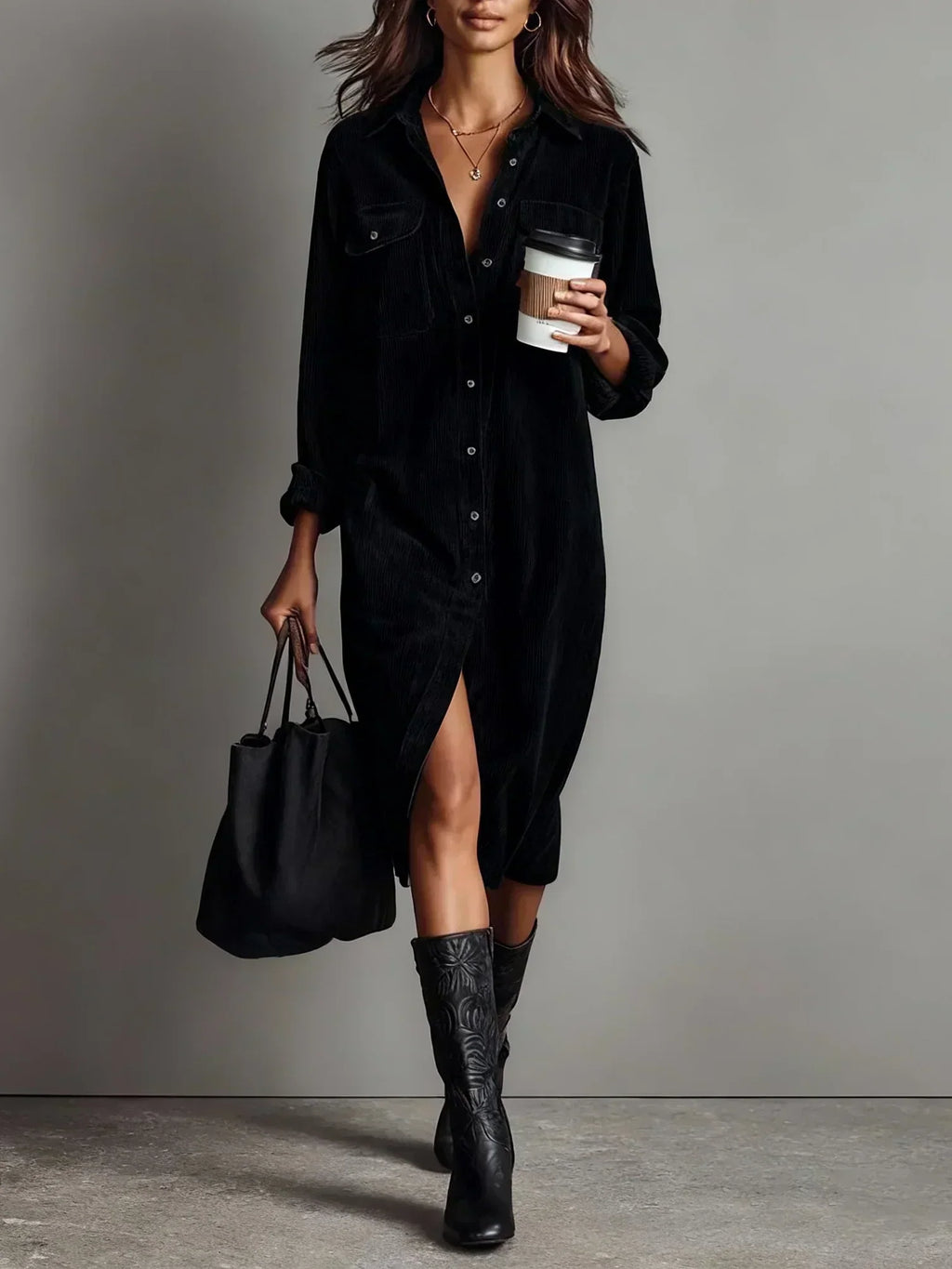 Evangeline - Women's Corduroy Shirt Dress with Chest Pockets