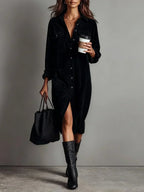 Evangeline - Women's Corduroy Shirt Dress with Chest Pockets