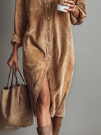 Evangeline - Women's Corduroy Shirt Dress with Chest Pockets