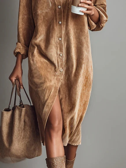 Evangeline - Women's Corduroy Shirt Dress with Chest Pockets