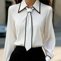 Evangeline - Women's Pointed-Collar Blouse with Contrast Trim