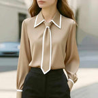 Evangeline - Women's Pointed-Collar Blouse with Contrast Trim