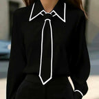 Evangeline - Women's Pointed-Collar Blouse with Contrast Trim