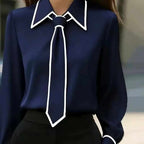 Evangeline - Women's Pointed-Collar Blouse with Contrast Trim