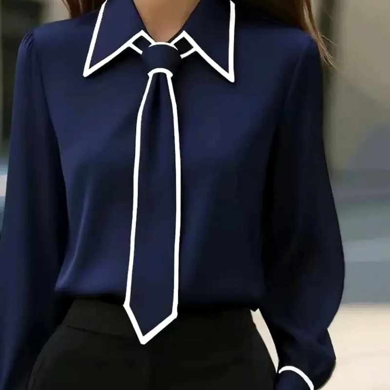 Evangeline - Women's Pointed-Collar Blouse with Contrast Trim