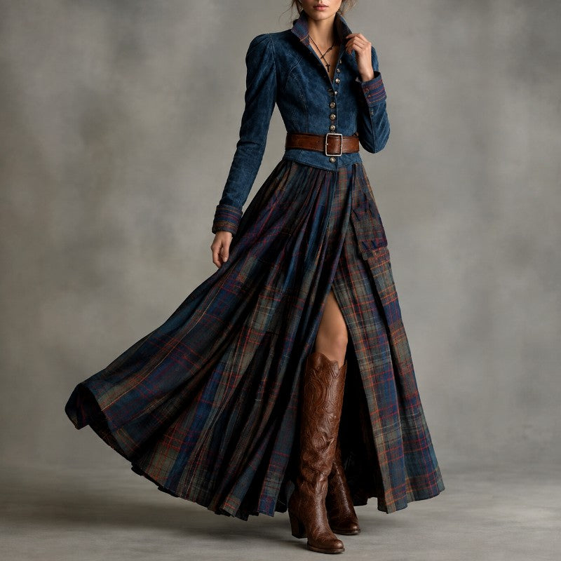 Eve - Women's Faux Suede Plaid Western Long Sleeve Dress 2