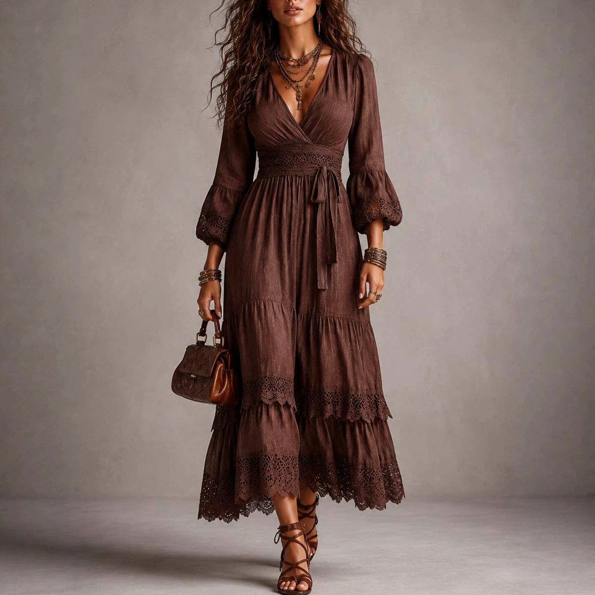 Eveline - Women's Patchwork V-Neck Resort Maxi Dress 1