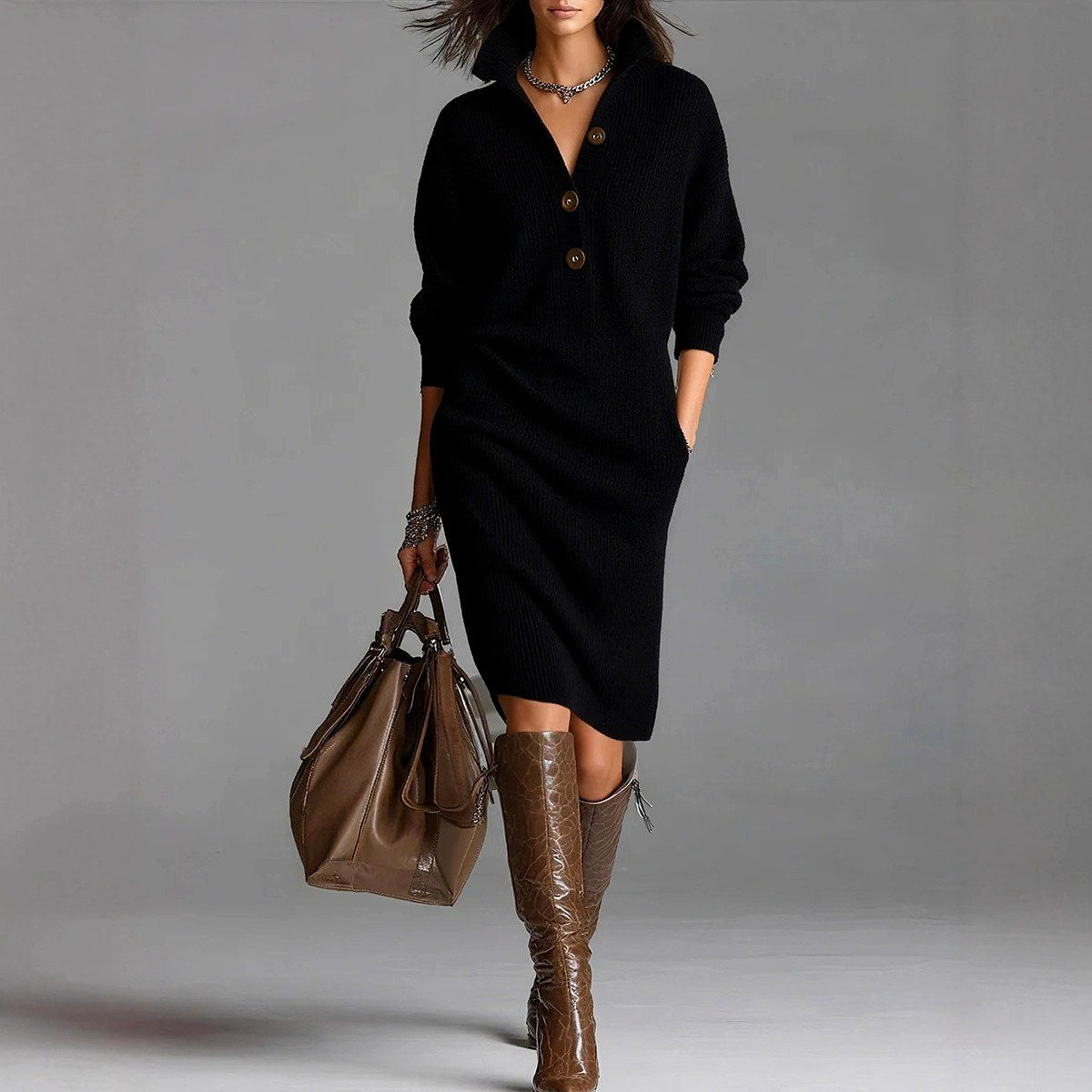 Evita - Women's Ribbed Knit Sweater Midi Dress 2