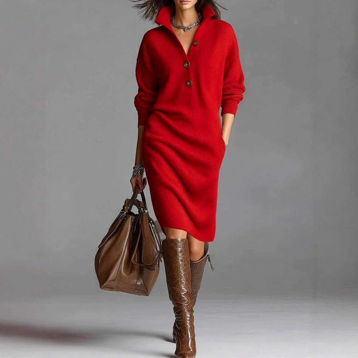Evita - Women's Ribbed Knit Sweater Midi Dress 3