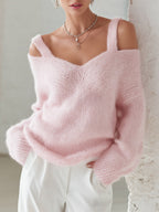 Faye - Women's Cold-Shoulder V-Neck Sweater with Dual Straps