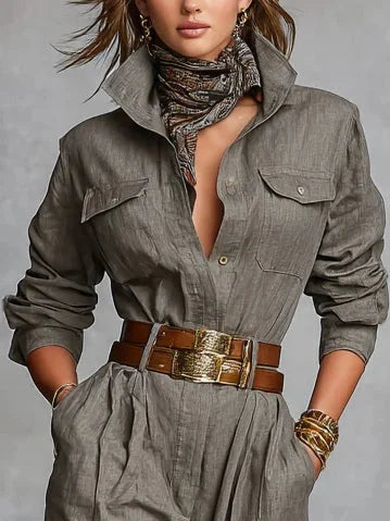 Felicity - Women's Button-Front Linen-Cotton Jumpsuit