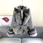 Fern - Women’s Houndstooth Faux Fur Trim Wrap Coat 1