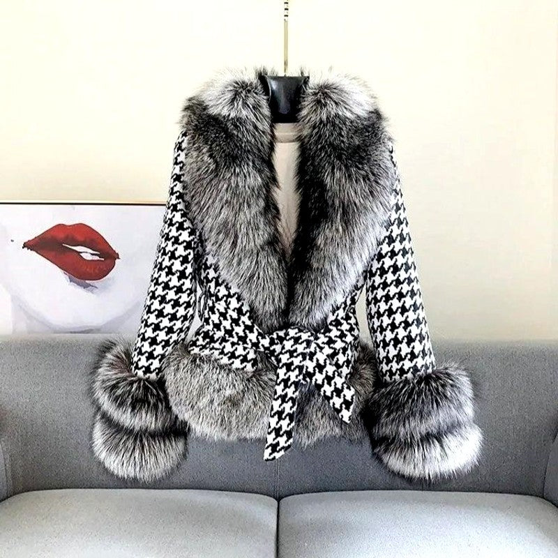 Fern - Women’s Houndstooth Faux Fur Trim Wrap Coat 1