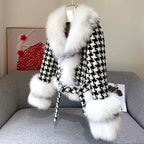 Fern - Women’s Houndstooth Faux Fur Trim Wrap Coat 2