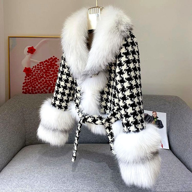 Fern - Women’s Houndstooth Faux Fur Trim Wrap Coat 2