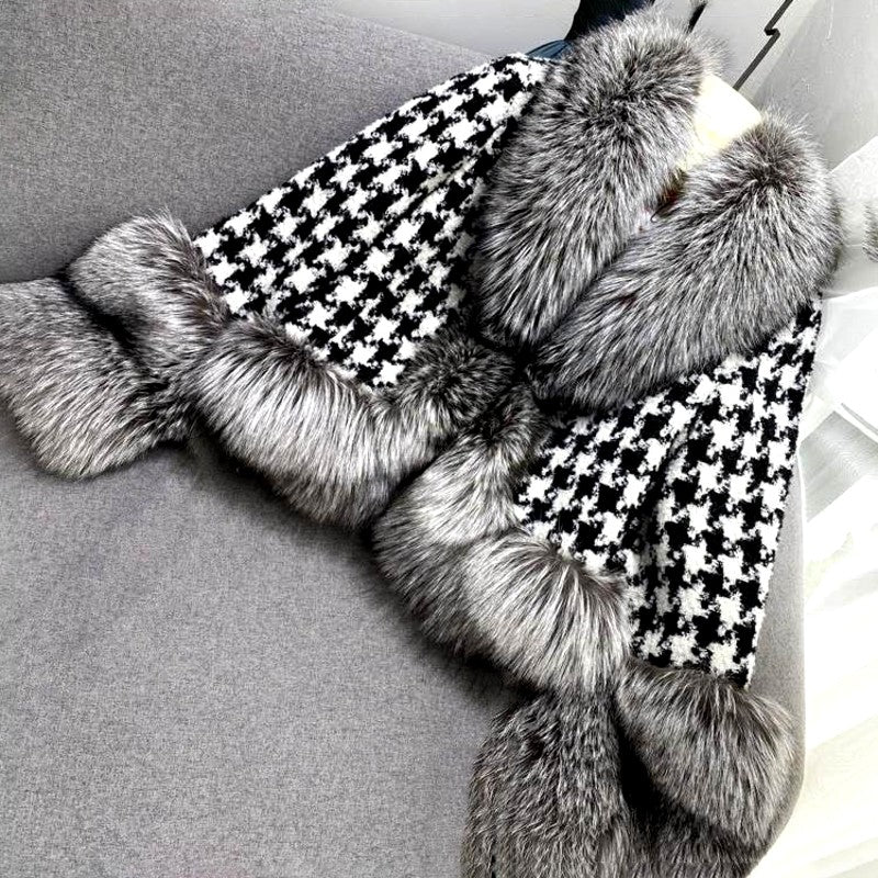 Fern - Women’s Houndstooth Faux Fur Trim Wrap Coat 4