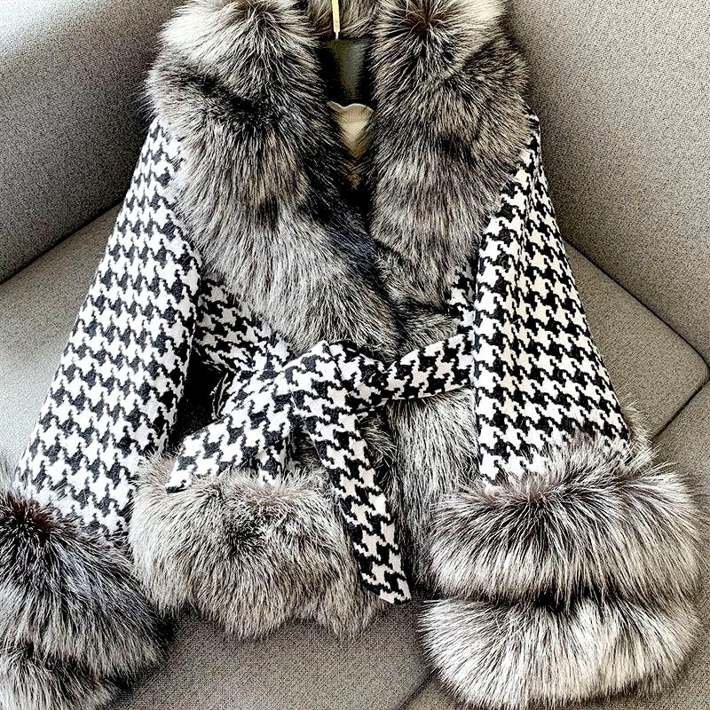 Fern - Women’s Houndstooth Faux Fur Trim Wrap Coat 5