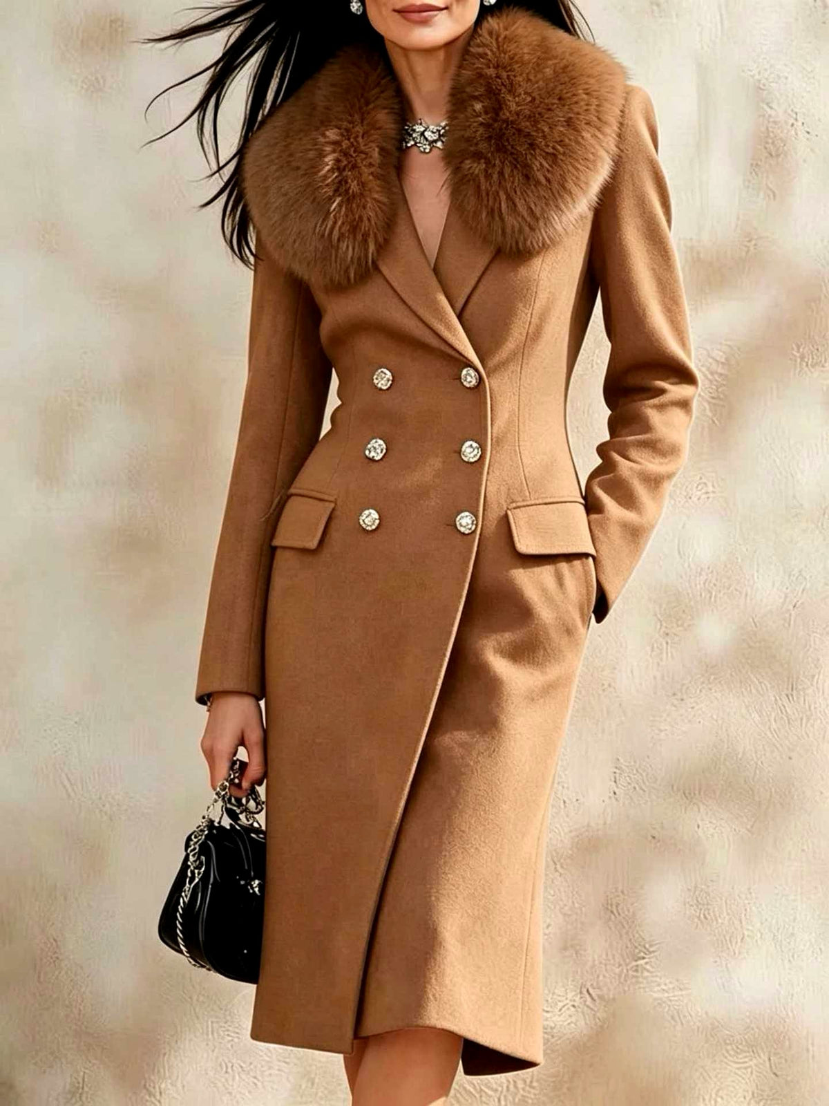 Finley - Women’s Tailored Fur Collar Coat with Flap Pockets 6