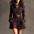 Fleur - Women's Plaid Belted Shirt Mini Dress 1