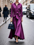 Genevieve - Women's Collared Button-Front Maxi Dress with Tie Waist