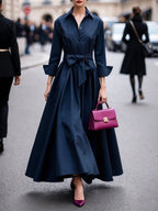 Genevieve - Women's Collared Button-Front Maxi Dress with Tie Waist