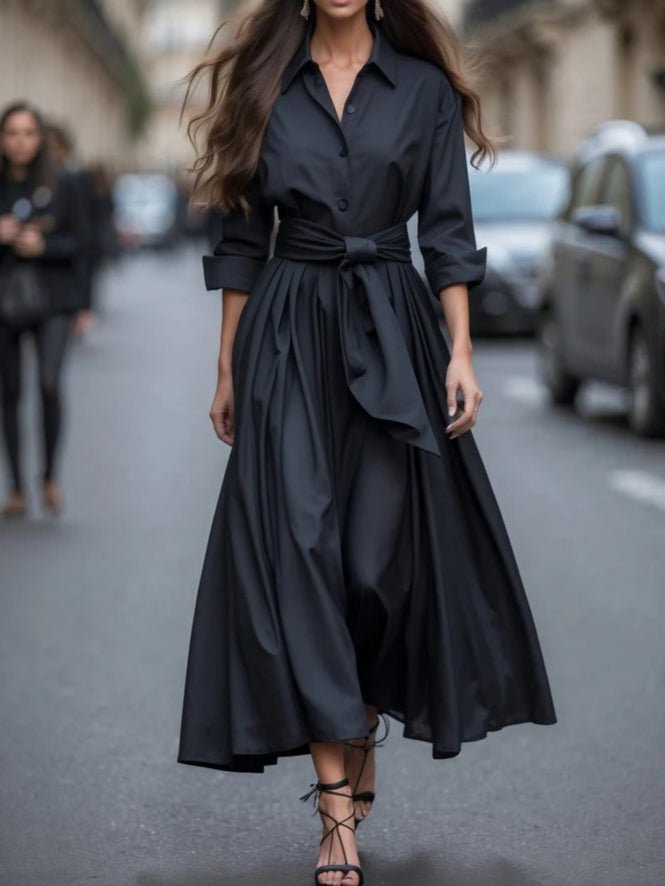 Genevieve - Women's Collared Button-Front Maxi Dress with Tie Waist