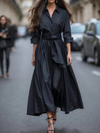 Genevieve - Women's Collared Button-Front Maxi Dress with Tie Waist