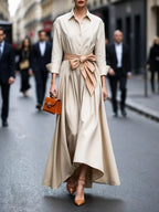 Genevieve - Women's Collared Button-Front Maxi Dress with Tie Waist