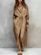 Geraldine - Women's Collared Long Sleeve Shirt Midi Dress 1