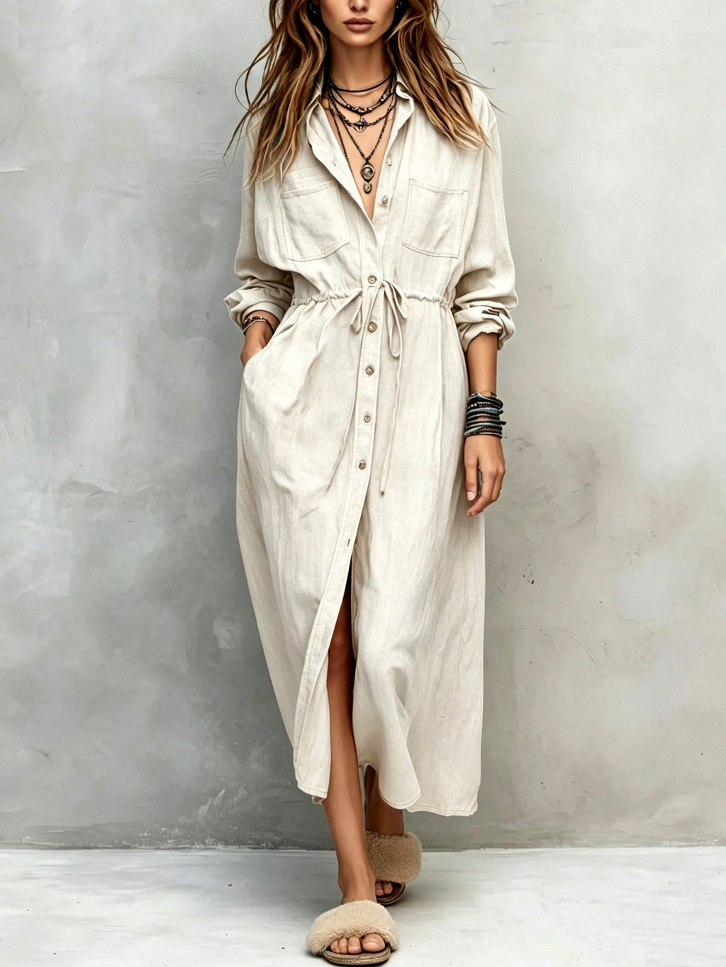 Geraldine - Women's Collared Long Sleeve Shirt Midi Dress 2