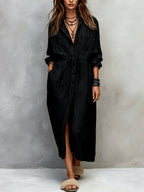Geraldine - Women's Collared Long Sleeve Shirt Midi Dress 4