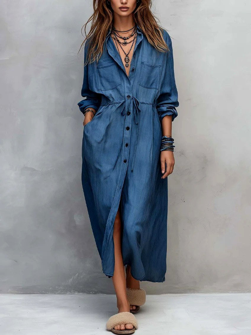 Geraldine - Women's Collared Long Sleeve Shirt Midi Dress 5