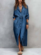 Geraldine - Women's Collared Long Sleeve Shirt Midi Dress 5