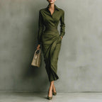 Gilda - Women's Collared Ruched Asymmetric Long Sleeve Dress 1
