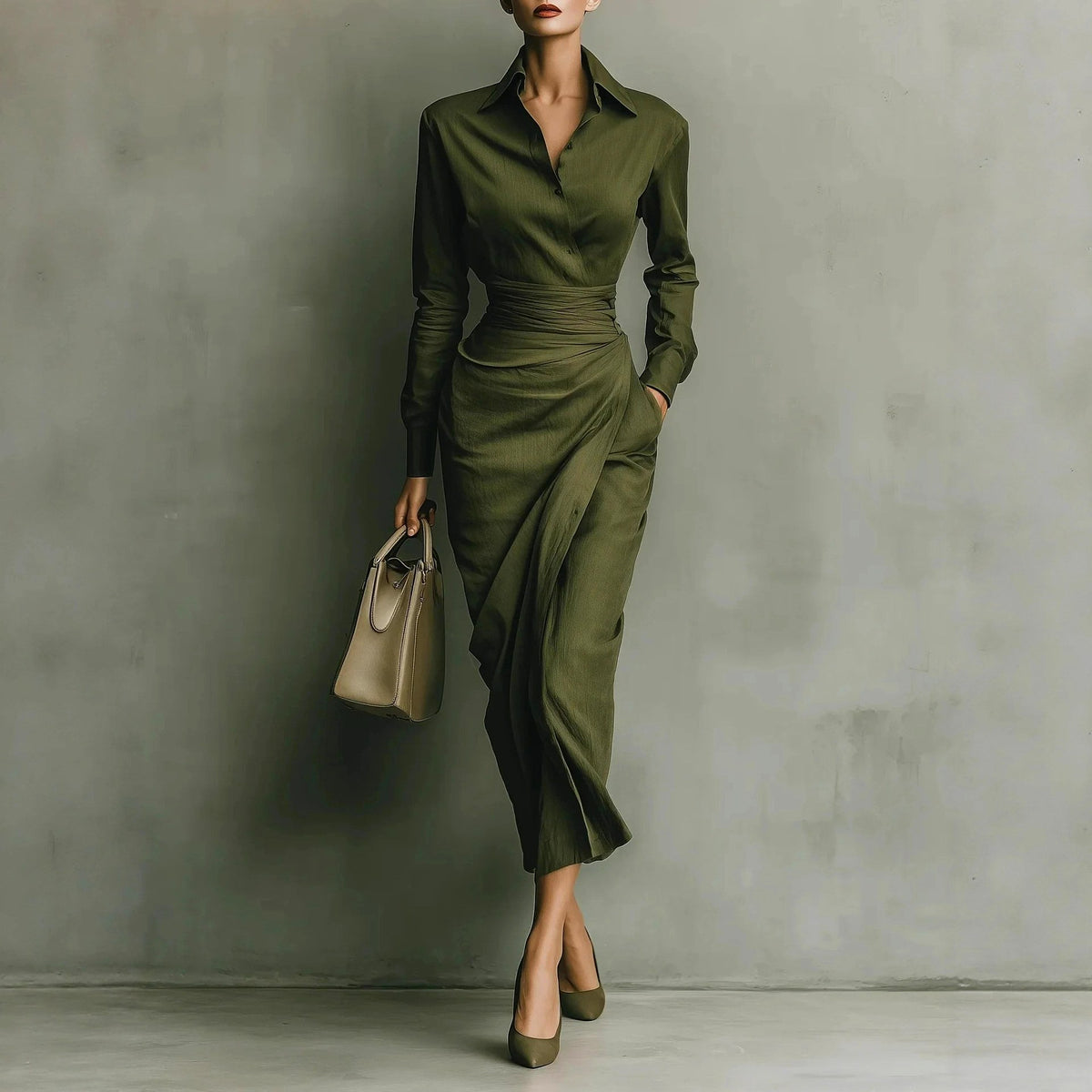 Gilda - Women's Collared Ruched Asymmetric Long Sleeve Dress 1