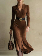 Gisele - Women's Faux Suede Wrap Midi Dress with Notch Collar