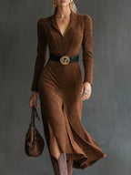 Gisele - Women's Faux Suede Wrap Midi Dress with Notch Collar
