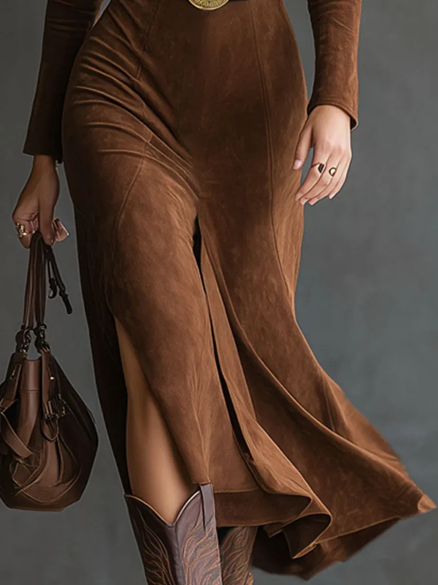 Gisele - Women's Faux Suede Wrap Midi Dress with Notch Collar