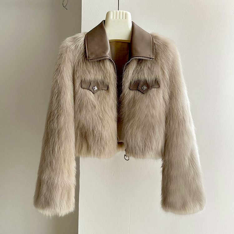 Giselle - Women's Faux Fur Jacket with Leather Collar